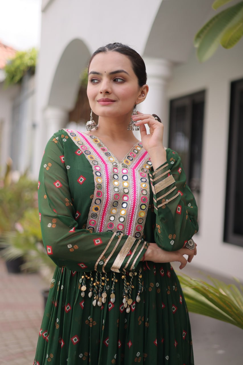 Laheriya Print Faux Georgette Gown with Kutchi Patchwork