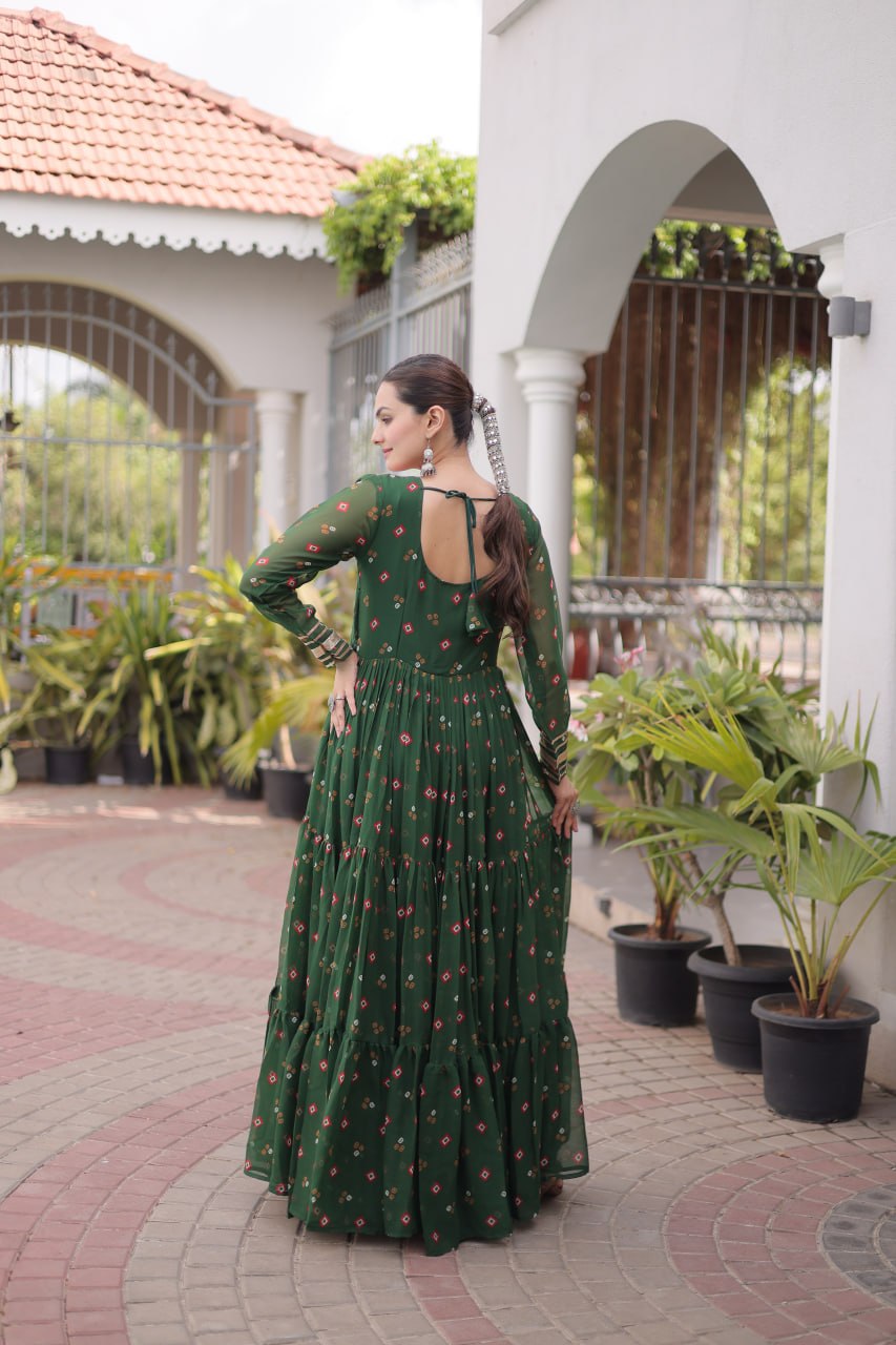 Laheriya Print Faux Georgette Gown with Kutchi Patchwork