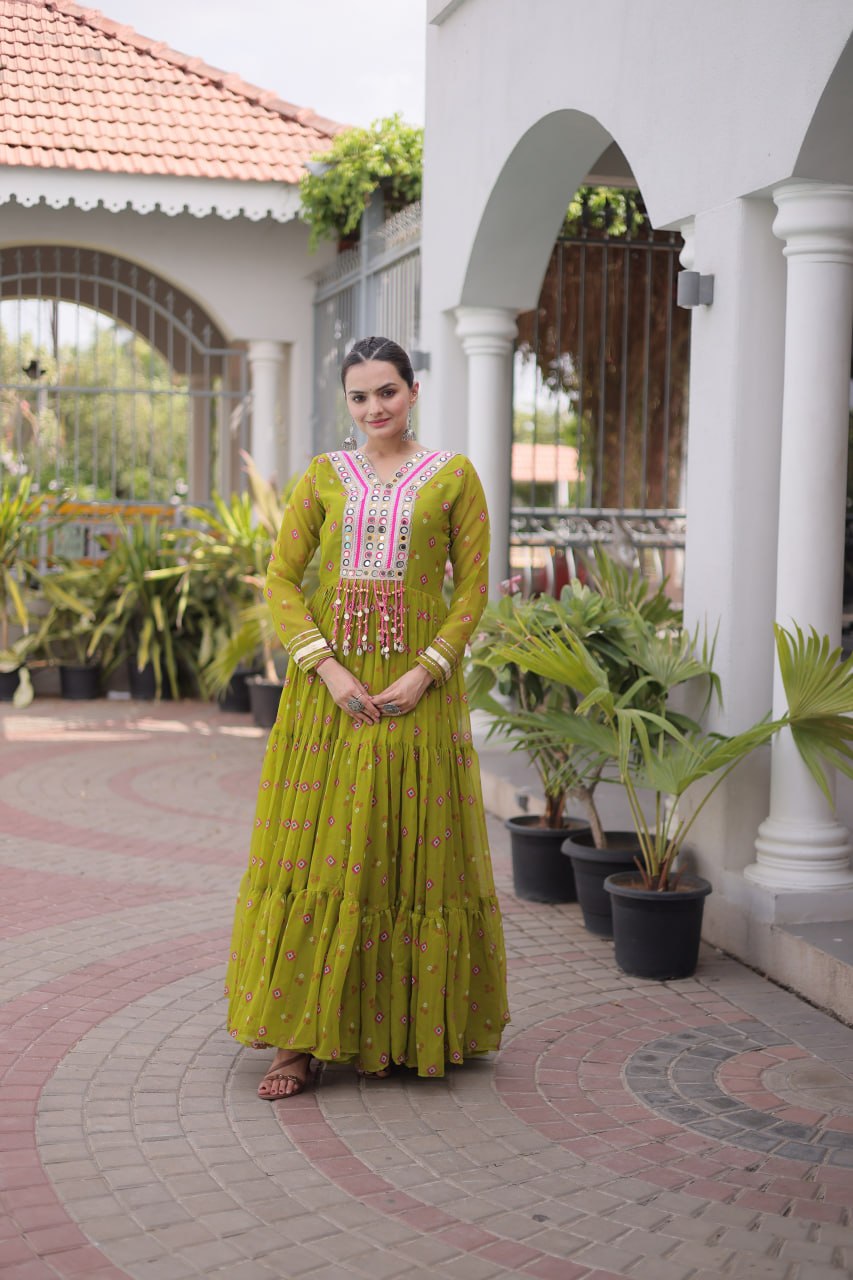Laheriya Print Faux Georgette Gown with Kutchi Patchwork