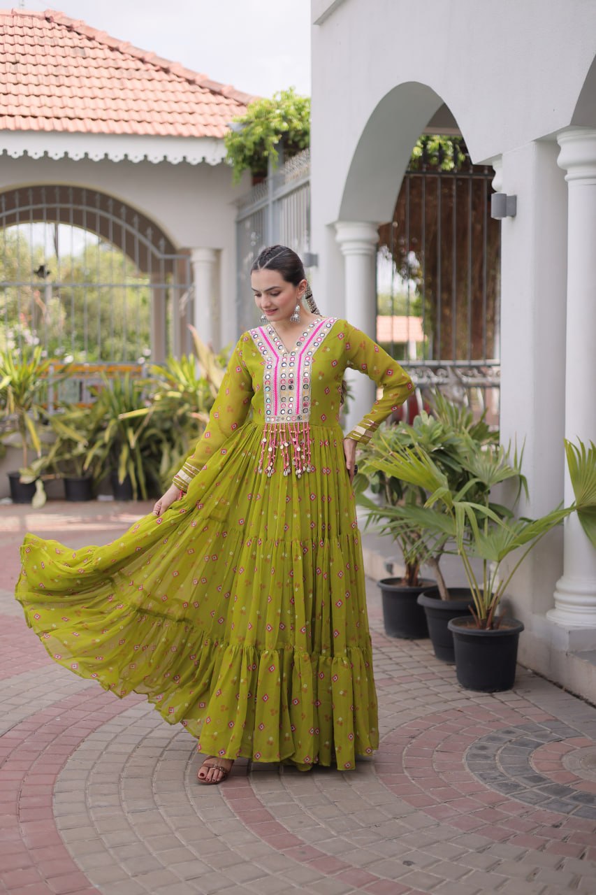 Laheriya Print Faux Georgette Gown with Kutchi Patchwork