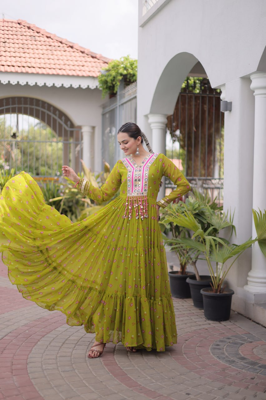 Laheriya Print Faux Georgette Gown with Kutchi Patchwork