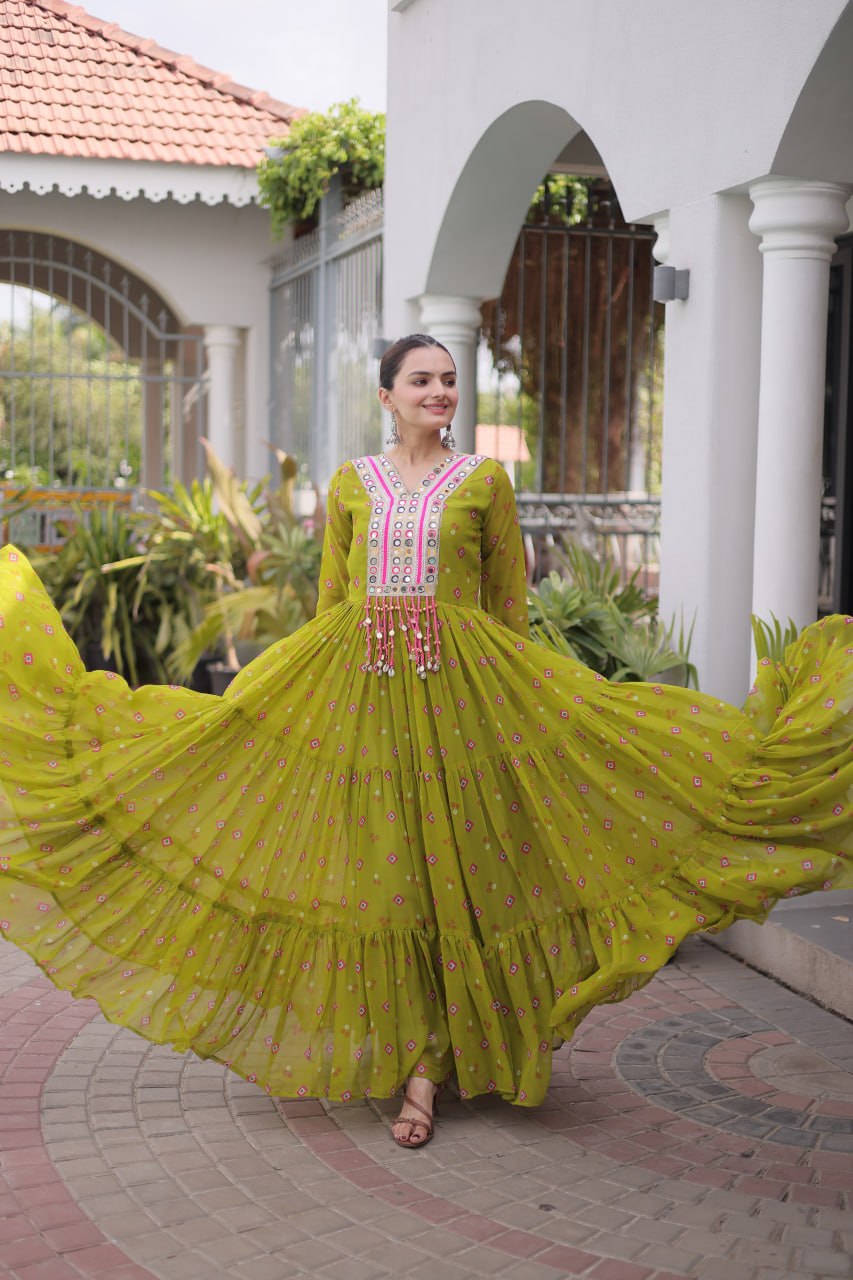 Laheriya Print Faux Georgette Gown with Kutchi Patchwork