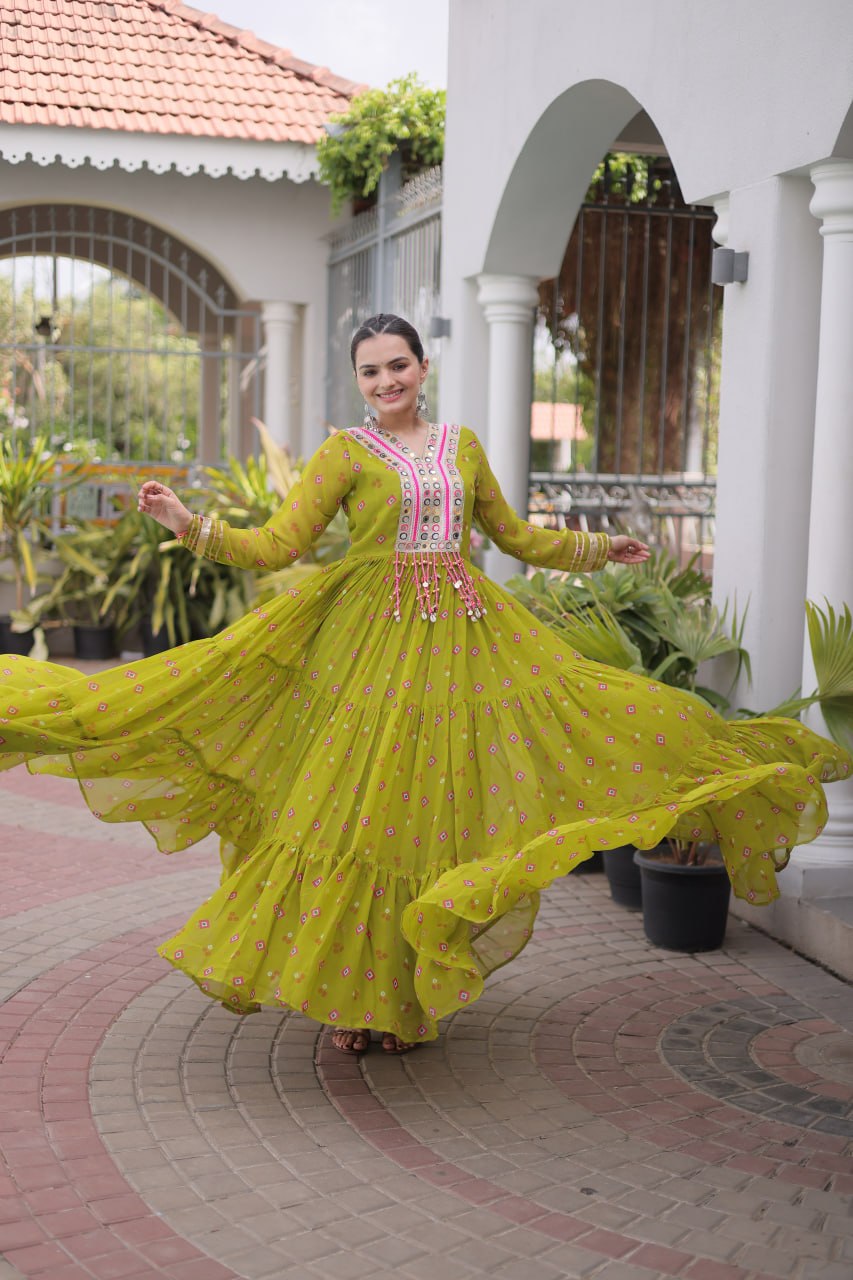 Laheriya Print Faux Georgette Gown with Kutchi Patchwork