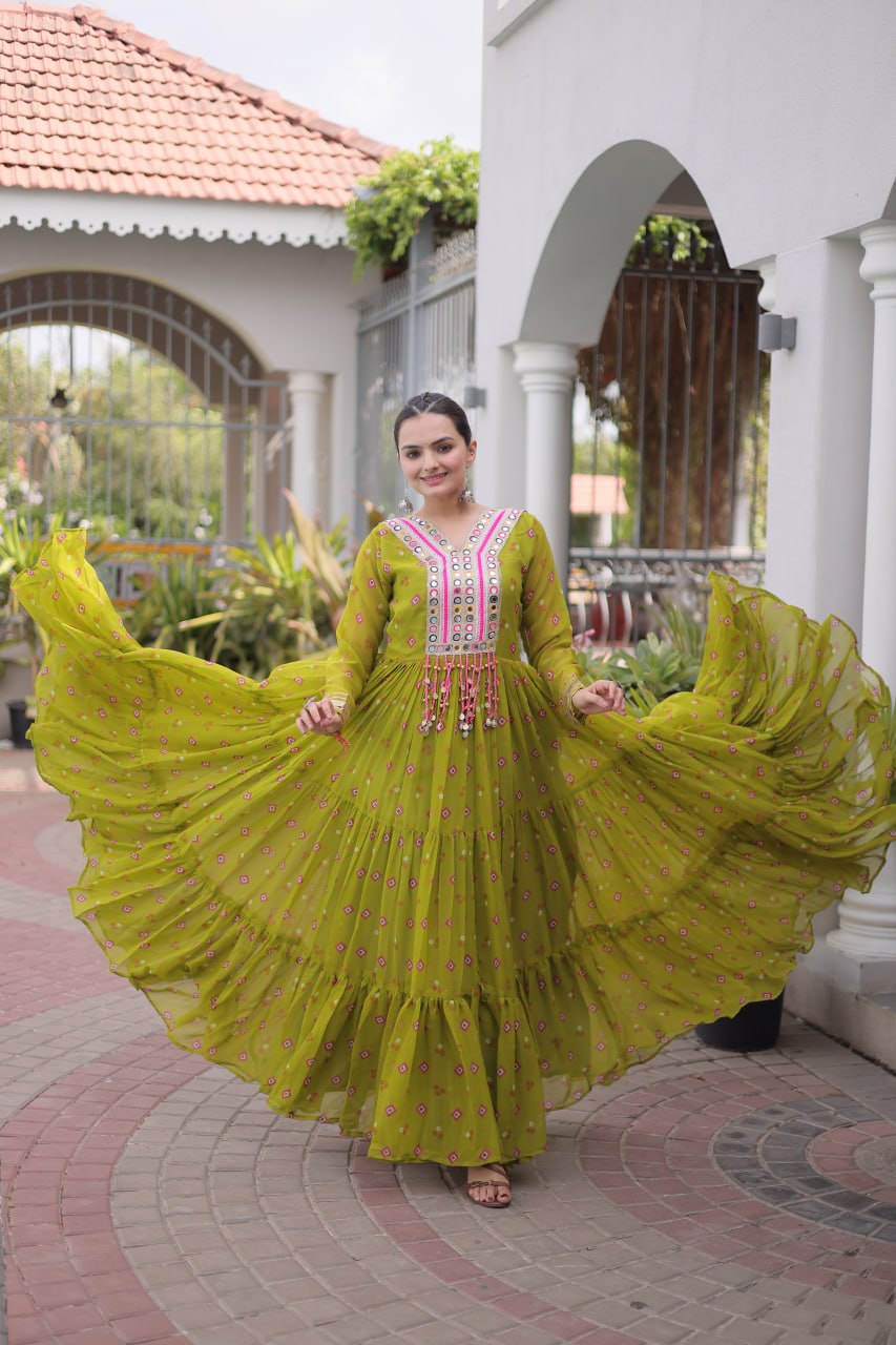 Laheriya Print Faux Georgette Gown with Kutchi Patchwork