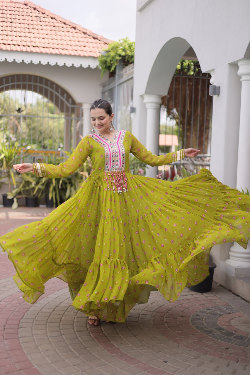 Laheriya Print Faux Georgette Gown with Kutchi Patchwork
