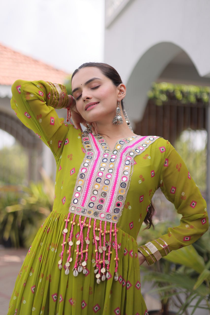 Laheriya Print Faux Georgette Gown with Kutchi Patchwork