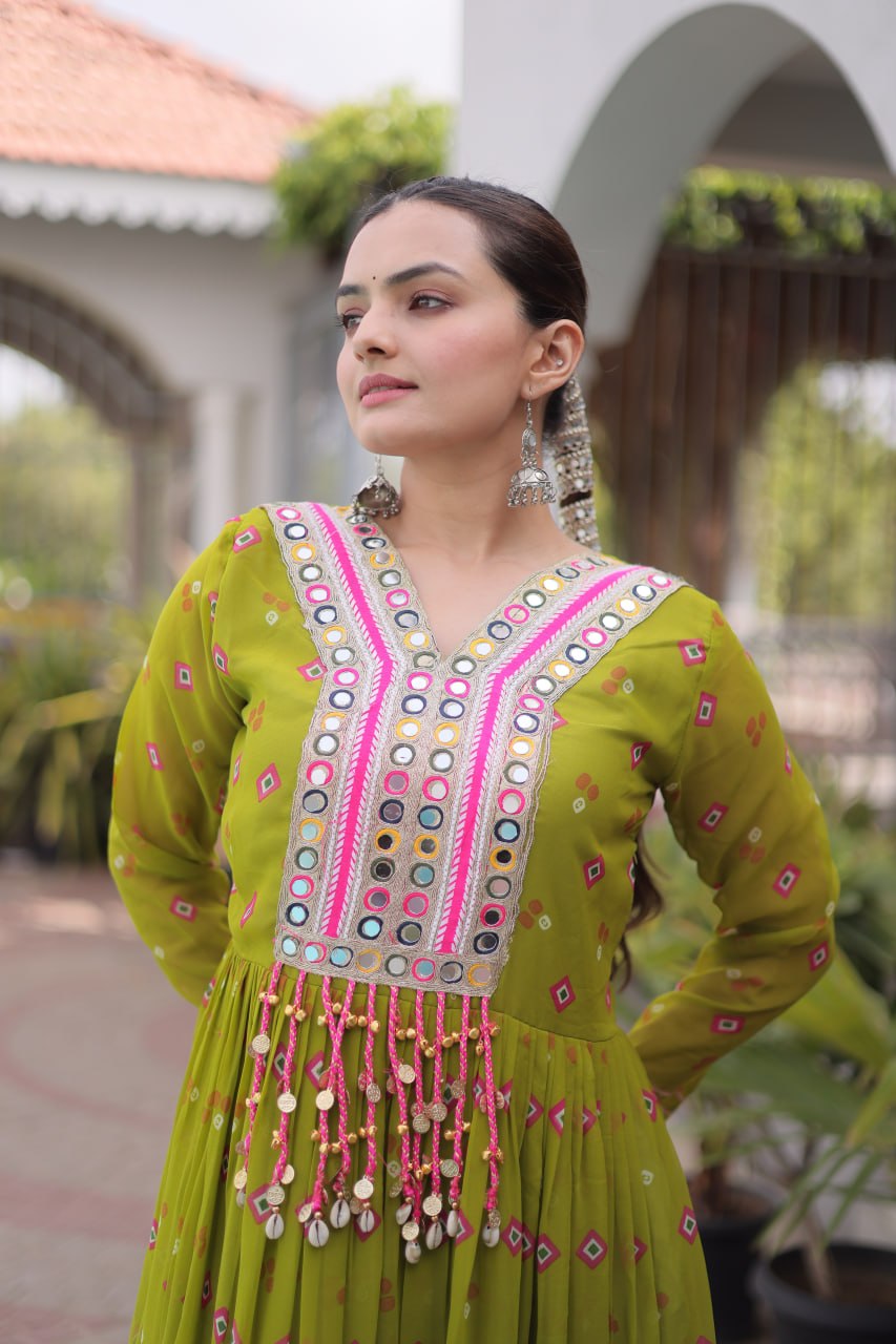 Laheriya Print Faux Georgette Gown with Kutchi Patchwork