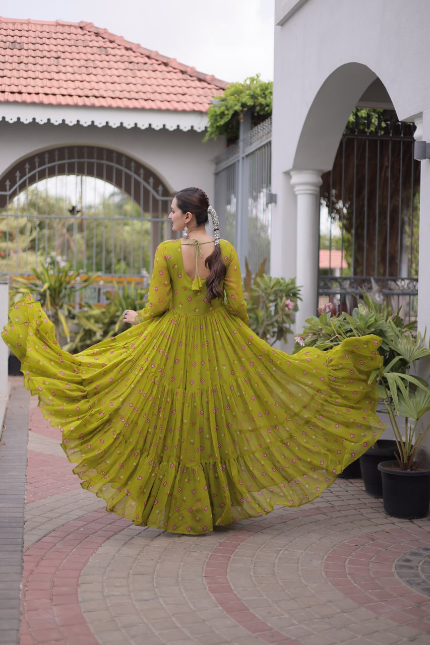 Laheriya Print Faux Georgette Gown with Kutchi Patchwork