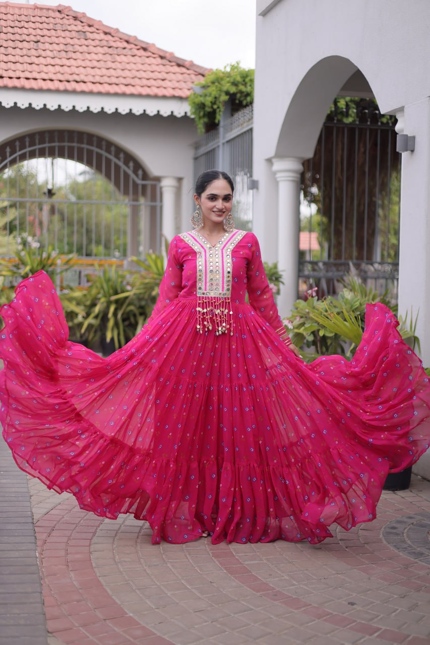 Laheriya Print Faux Georgette Gown with Kutchi Patchwork