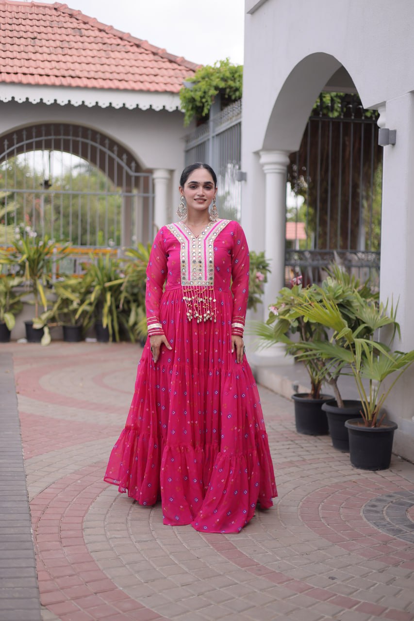 Laheriya Print Faux Georgette Gown with Kutchi Patchwork