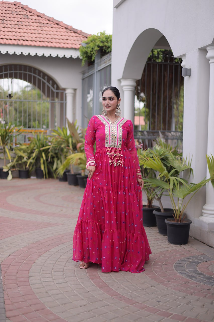 Laheriya Print Faux Georgette Gown with Kutchi Patchwork