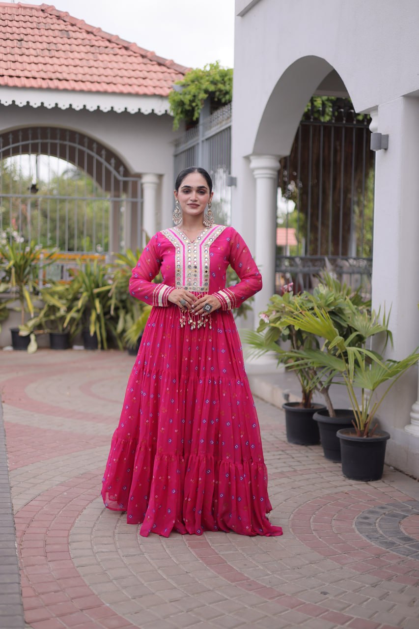 Laheriya Print Faux Georgette Gown with Kutchi Patchwork