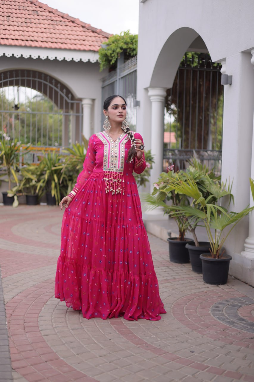 Laheriya Print Faux Georgette Gown with Kutchi Patchwork
