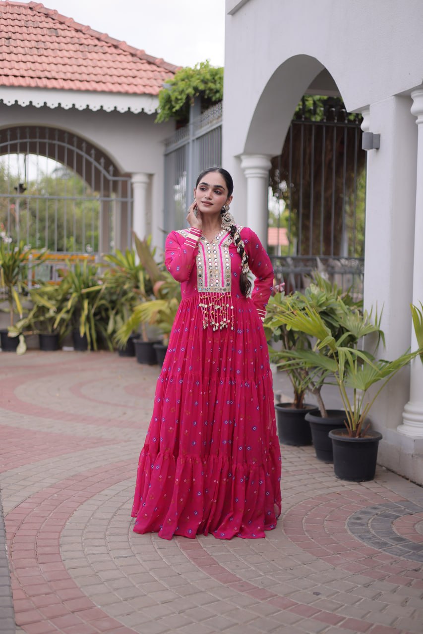 Laheriya Print Faux Georgette Gown with Kutchi Patchwork