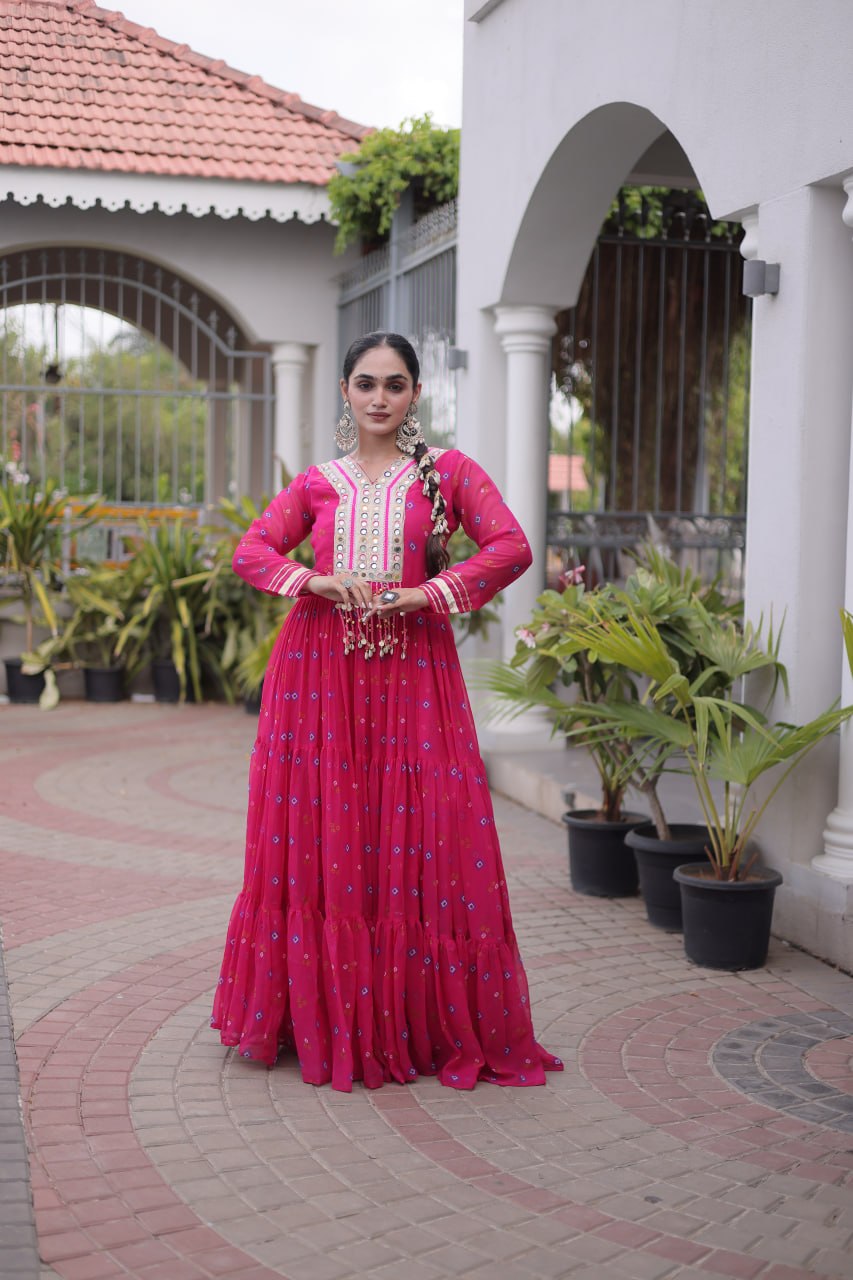 Laheriya Print Faux Georgette Gown with Kutchi Patchwork