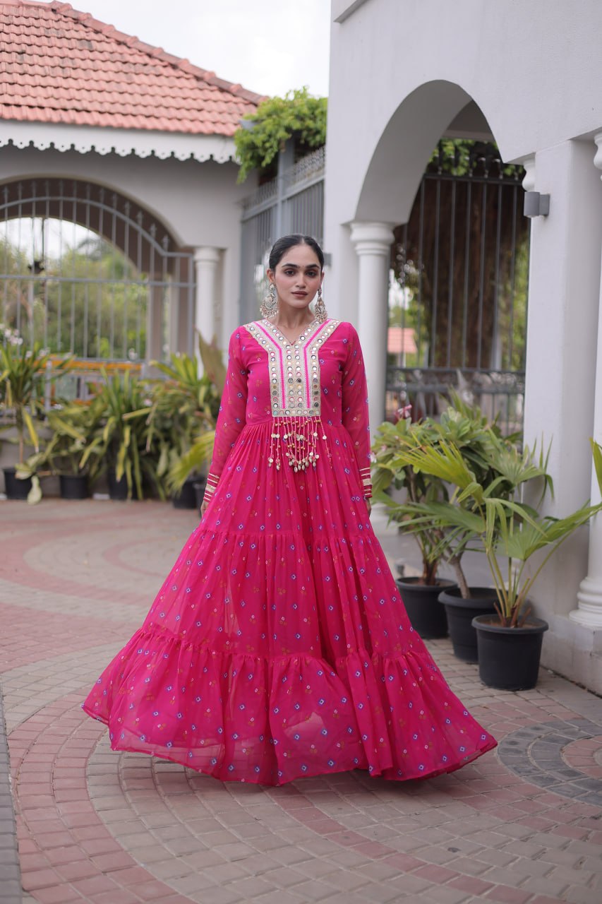 Laheriya Print Faux Georgette Gown with Kutchi Patchwork
