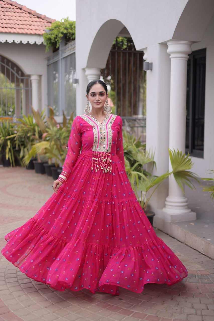 Laheriya Print Faux Georgette Gown with Kutchi Patchwork