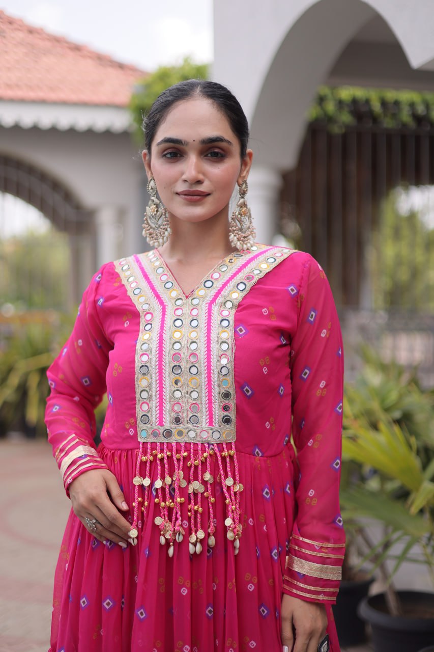 Laheriya Print Faux Georgette Gown with Kutchi Patchwork