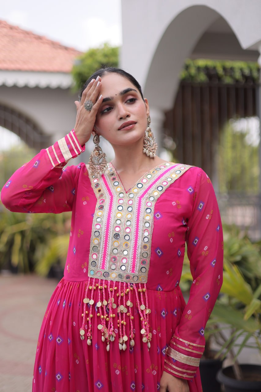 Laheriya Print Faux Georgette Gown with Kutchi Patchwork