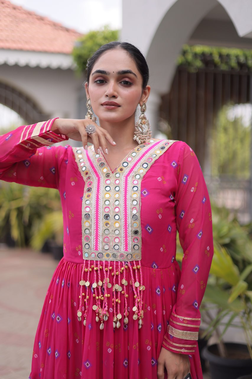 Laheriya Print Faux Georgette Gown with Kutchi Patchwork