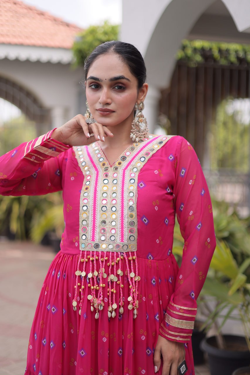 Laheriya Print Faux Georgette Gown with Kutchi Patchwork
