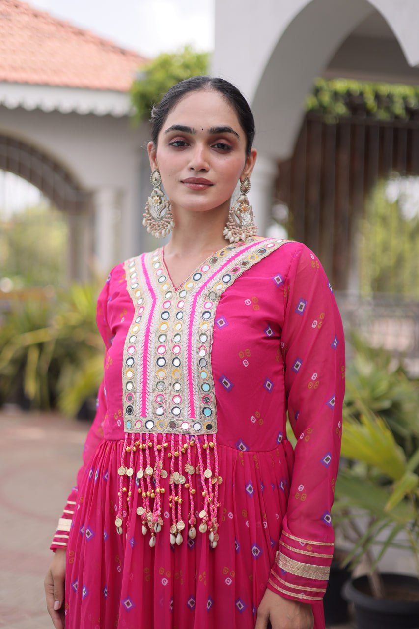 Laheriya Print Faux Georgette Gown with Kutchi Patchwork