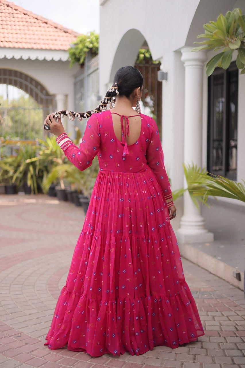 Laheriya Print Faux Georgette Gown with Kutchi Patchwork