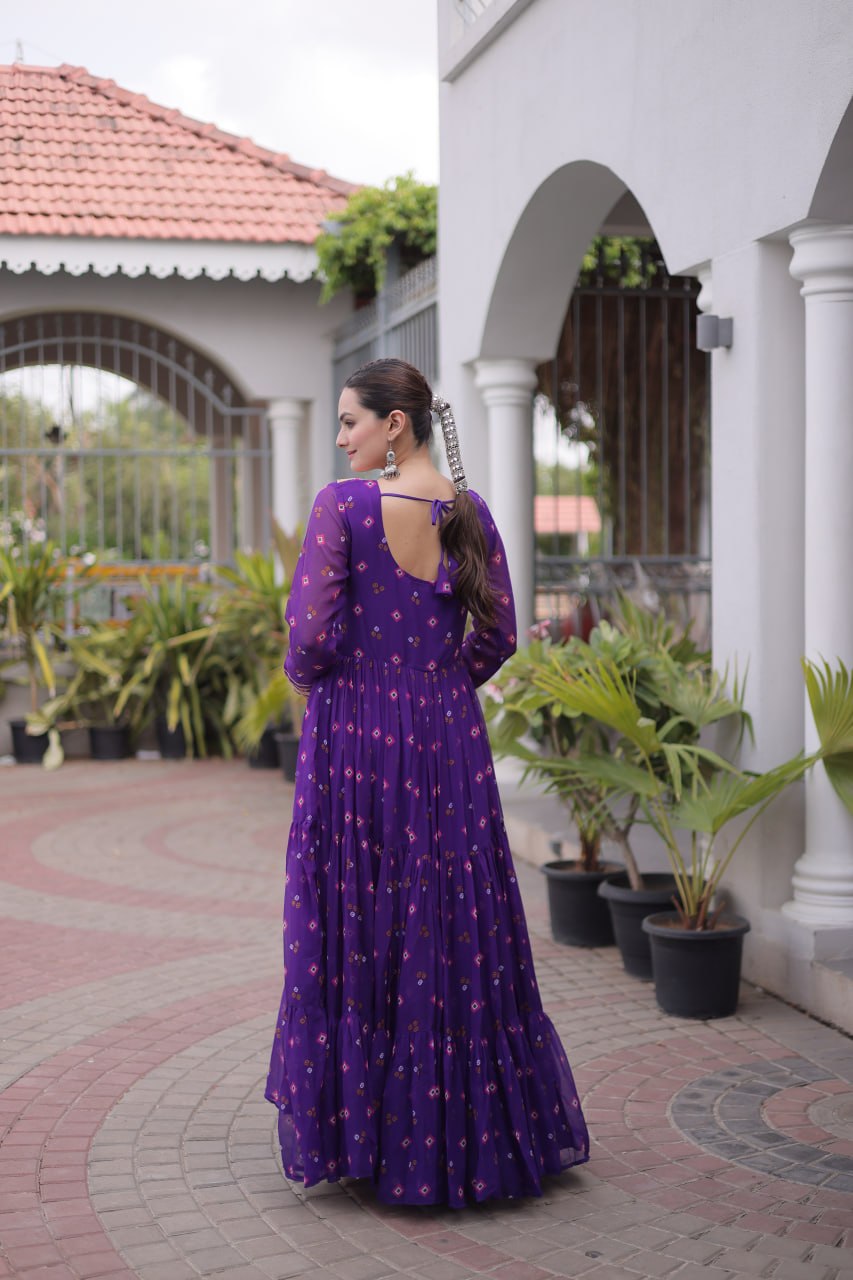 Laheriya Print Faux Georgette Gown with Kutchi Patchwork