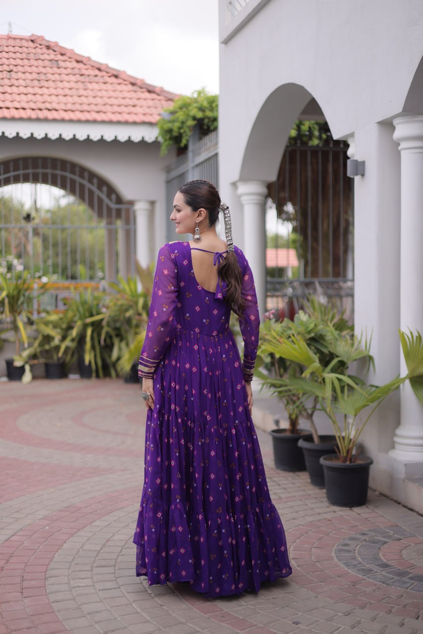 Laheriya Print Faux Georgette Gown with Kutchi Patchwork