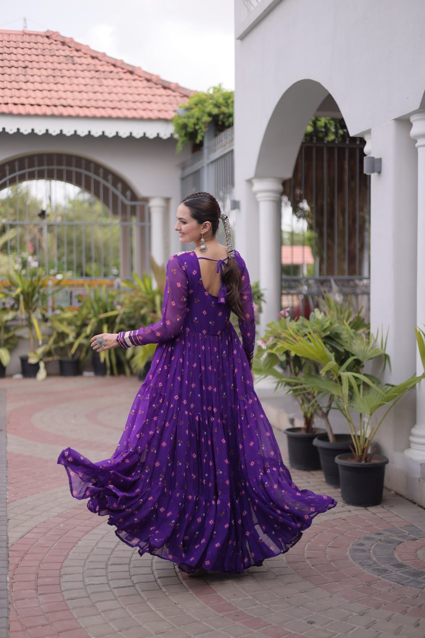 Laheriya Print Faux Georgette Gown with Kutchi Patchwork
