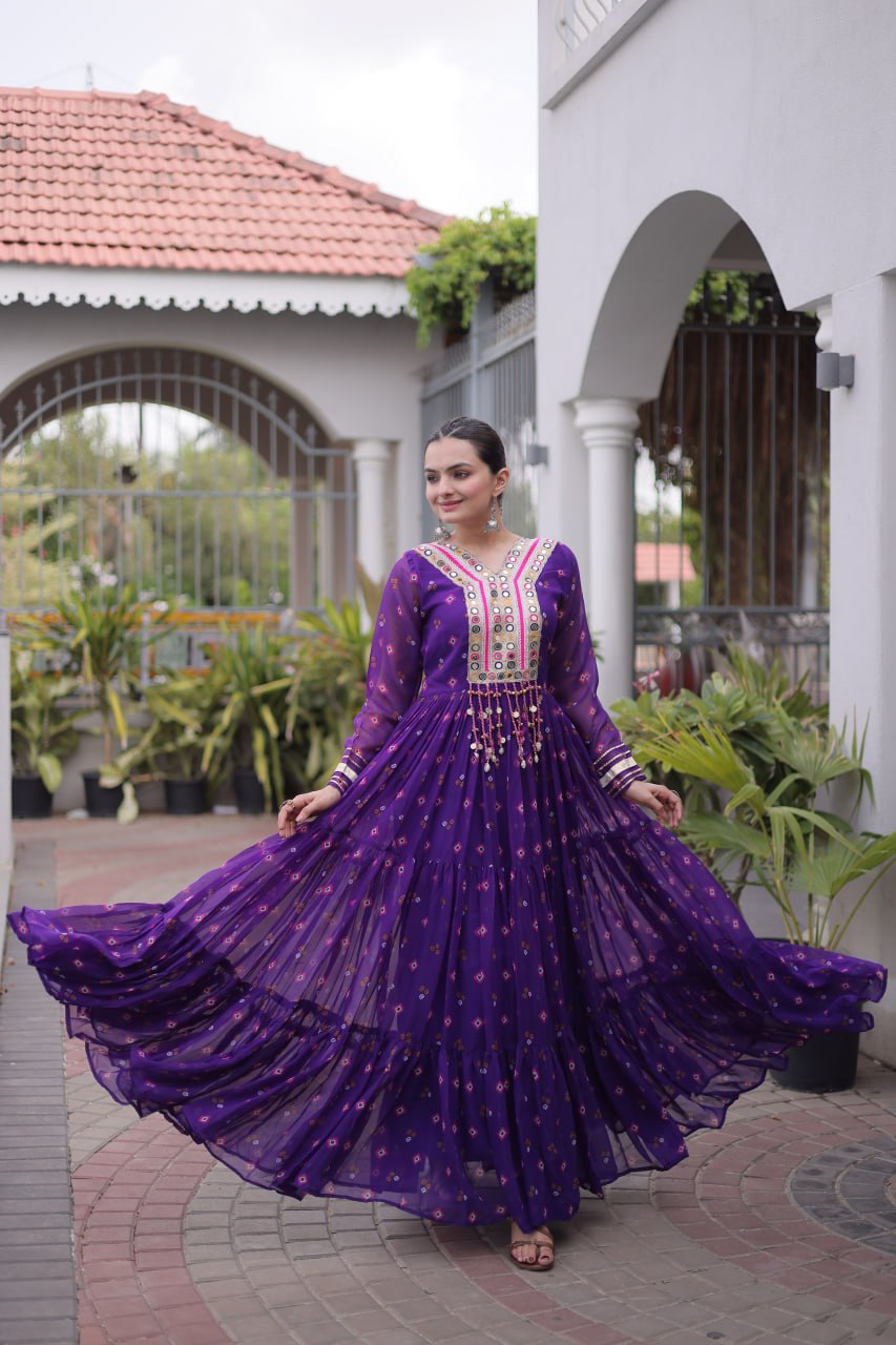 Laheriya Print Faux Georgette Gown with Kutchi Patchwork