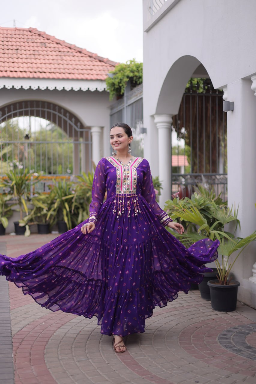 Laheriya Print Faux Georgette Gown with Kutchi Patchwork