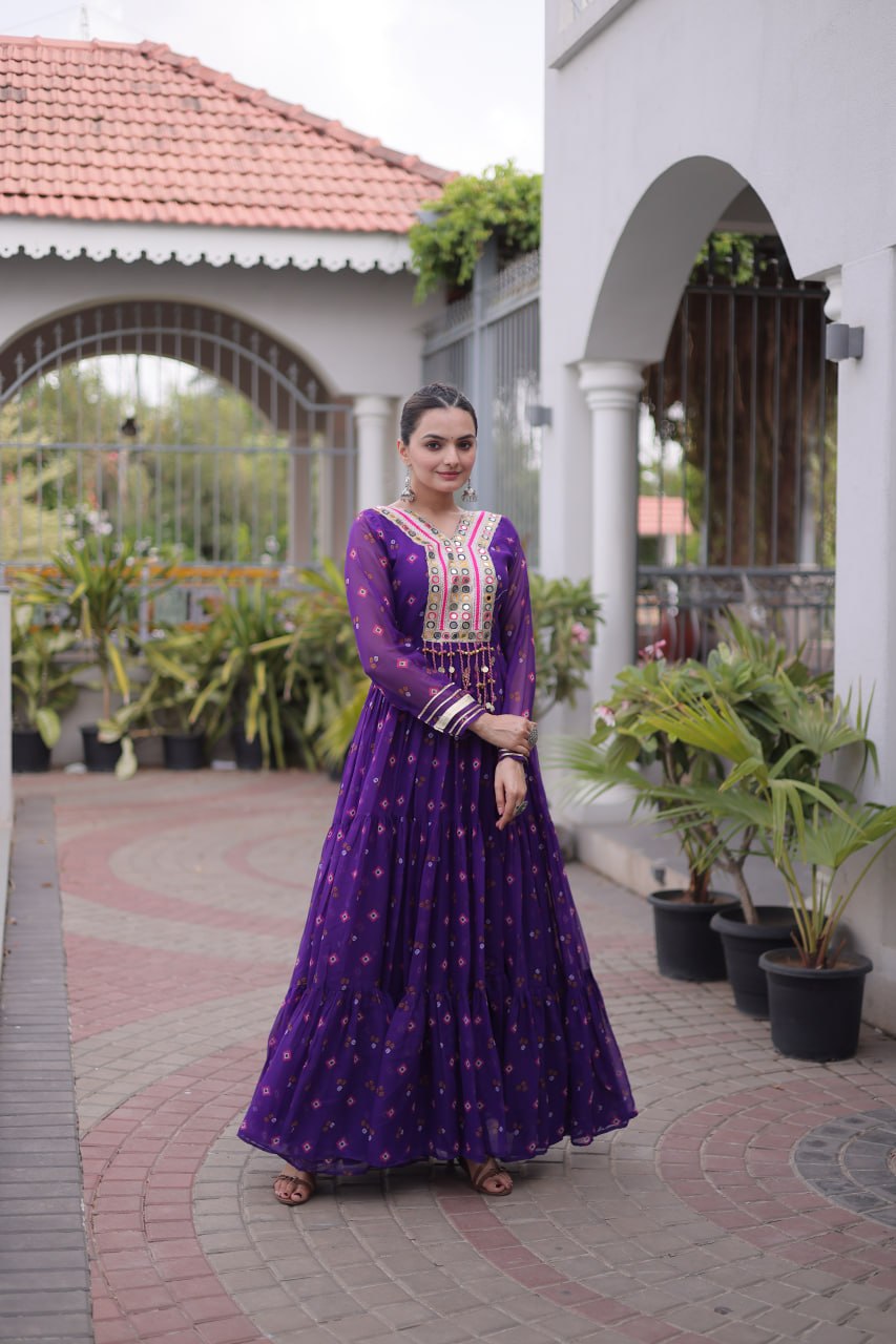 Laheriya Print Faux Georgette Gown with Kutchi Patchwork