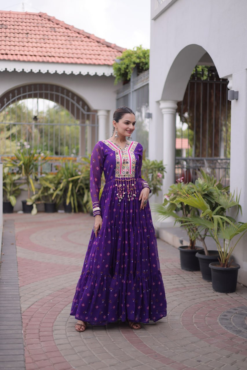 Laheriya Print Faux Georgette Gown with Kutchi Patchwork