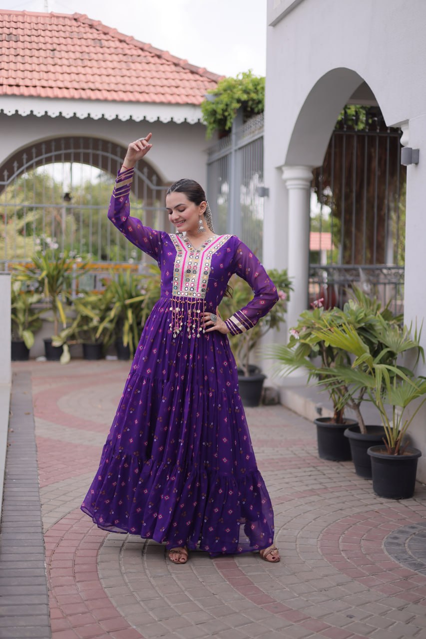 Laheriya Print Faux Georgette Gown with Kutchi Patchwork