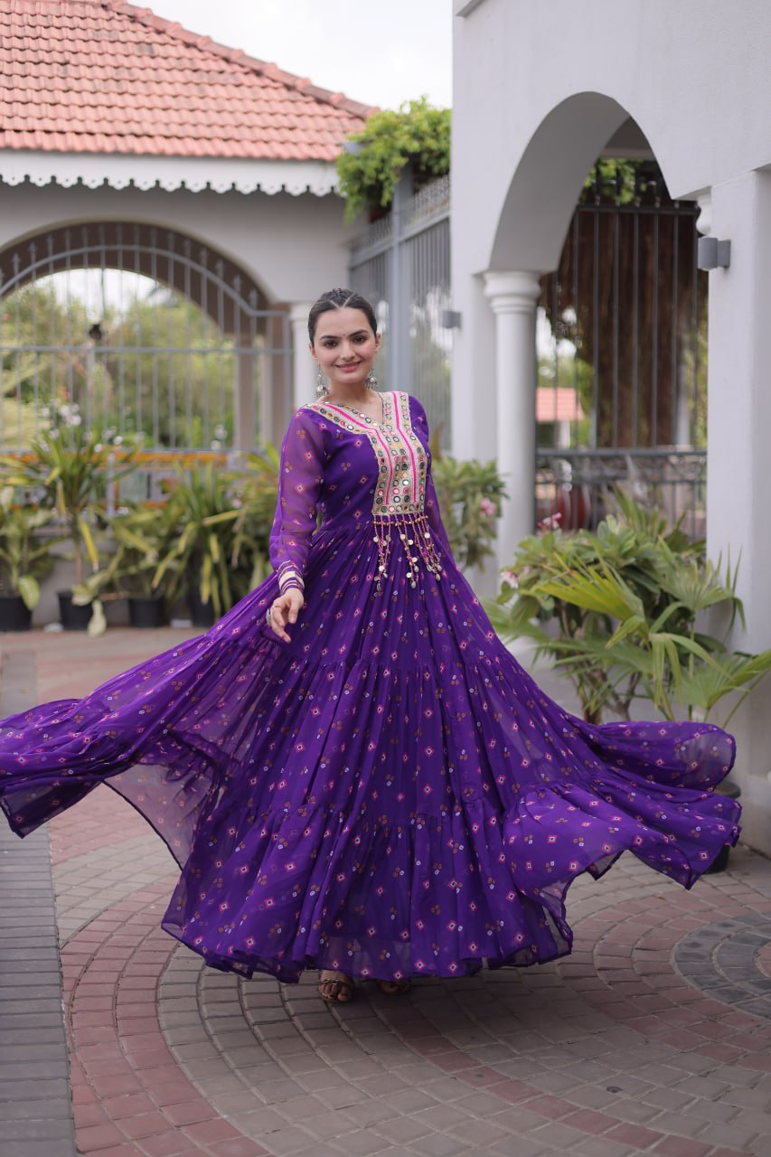 Laheriya Print Faux Georgette Gown with Kutchi Patchwork