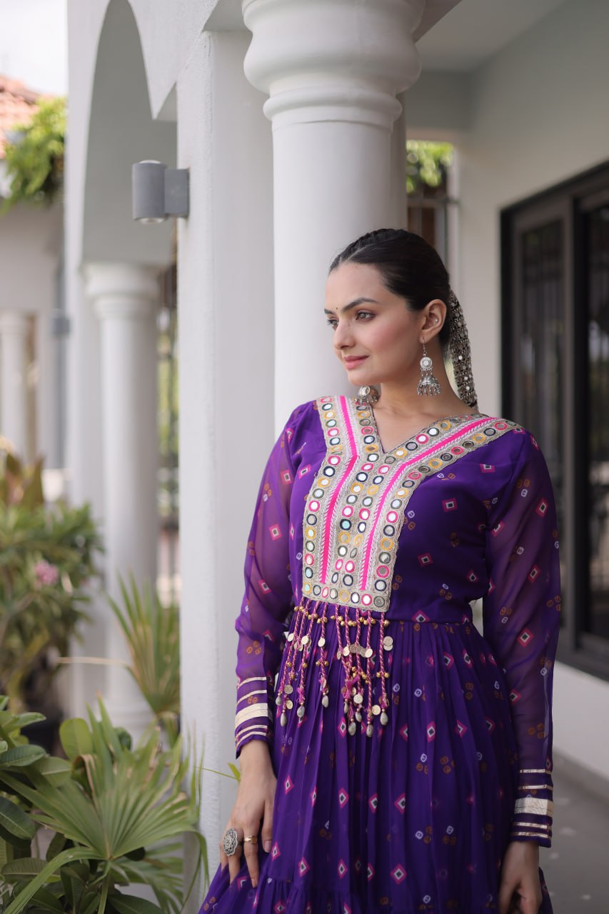 Laheriya Print Faux Georgette Gown with Kutchi Patchwork
