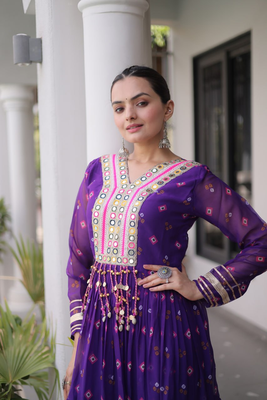 Laheriya Print Faux Georgette Gown with Kutchi Patchwork