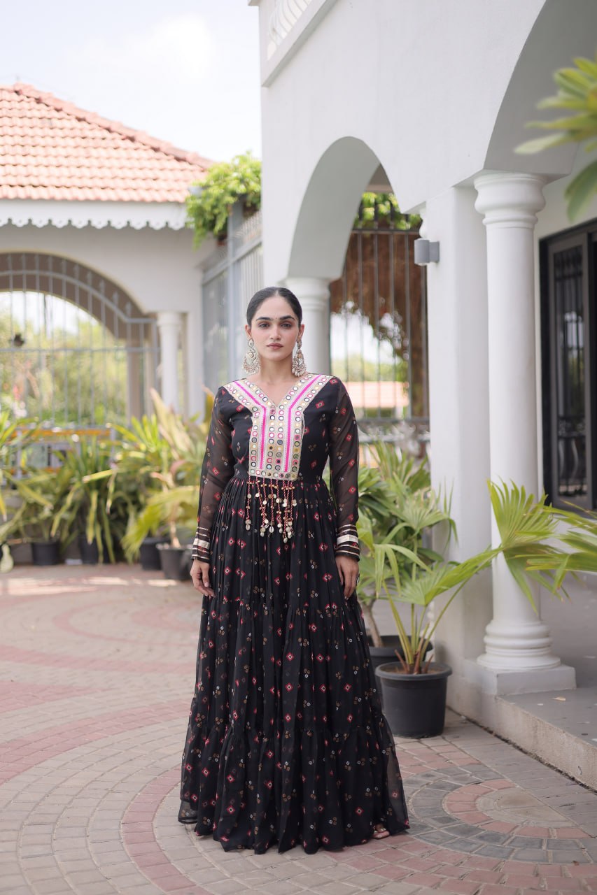 Laheriya Print Faux Georgette Gown with Kutchi Patchwork