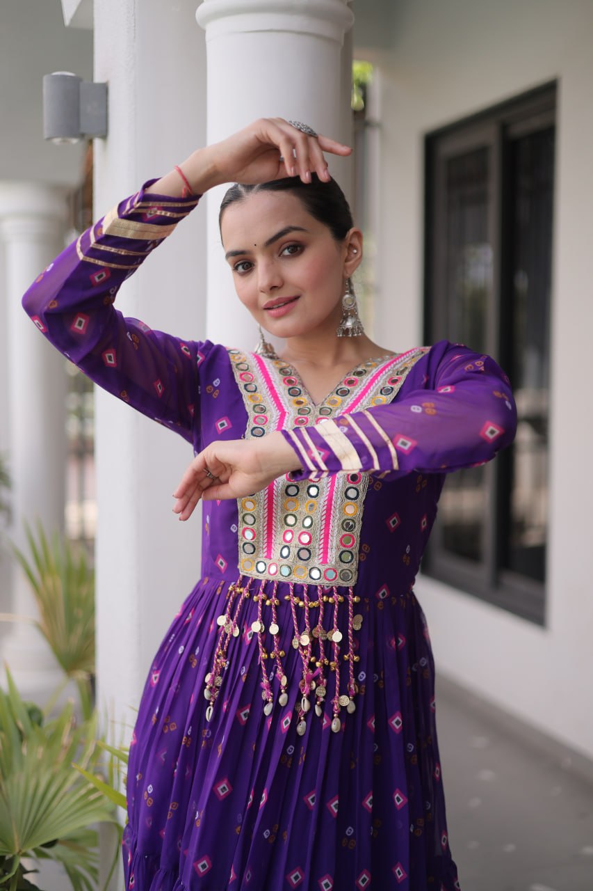 Laheriya Print Faux Georgette Gown with Kutchi Patchwork