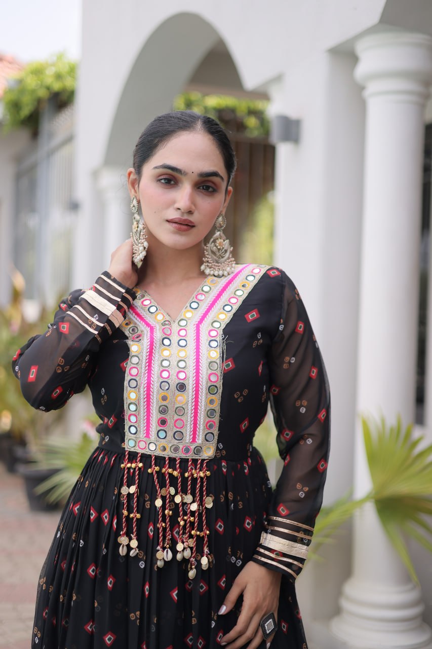 Laheriya Print Faux Georgette Gown with Kutchi Patchwork