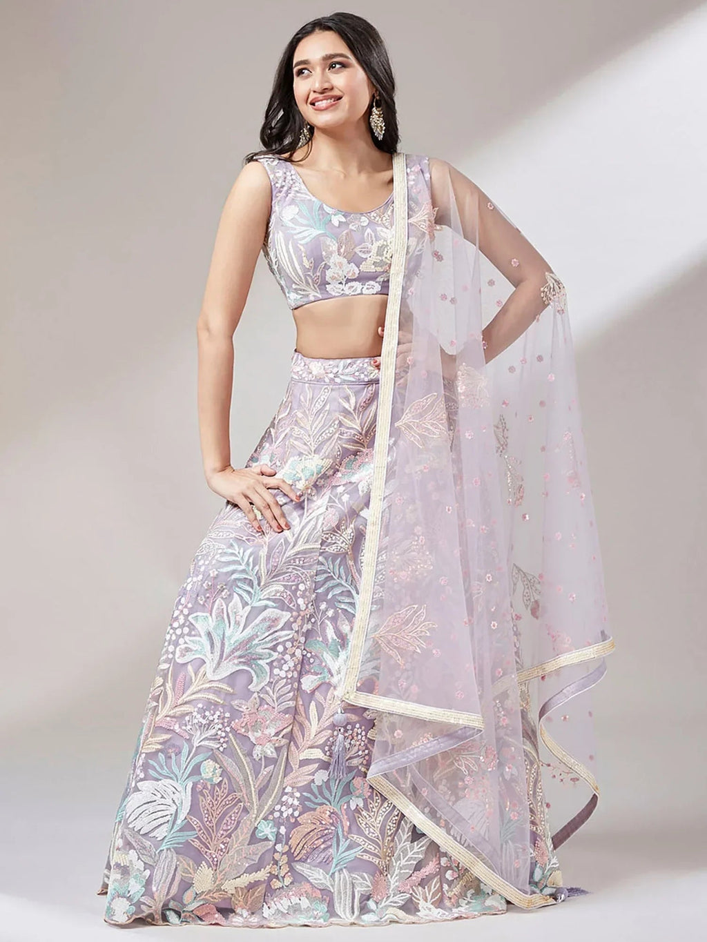 Lavender Ravishing Color Sequins Soft Net Party Wear Lehenga Choli