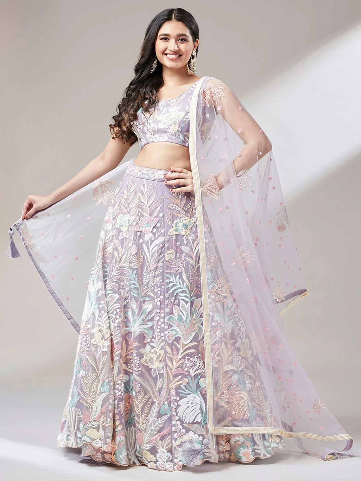 Lavender Ravishing Color Sequins Soft Net Party Wear Lehenga Choli