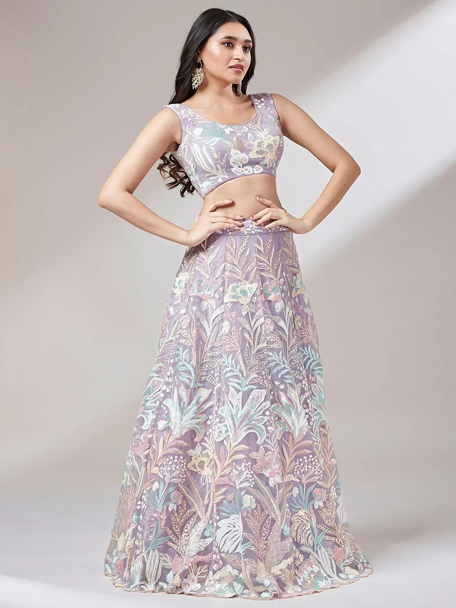 Lavender Ravishing Color Sequins Soft Net Party Wear Lehenga Choli