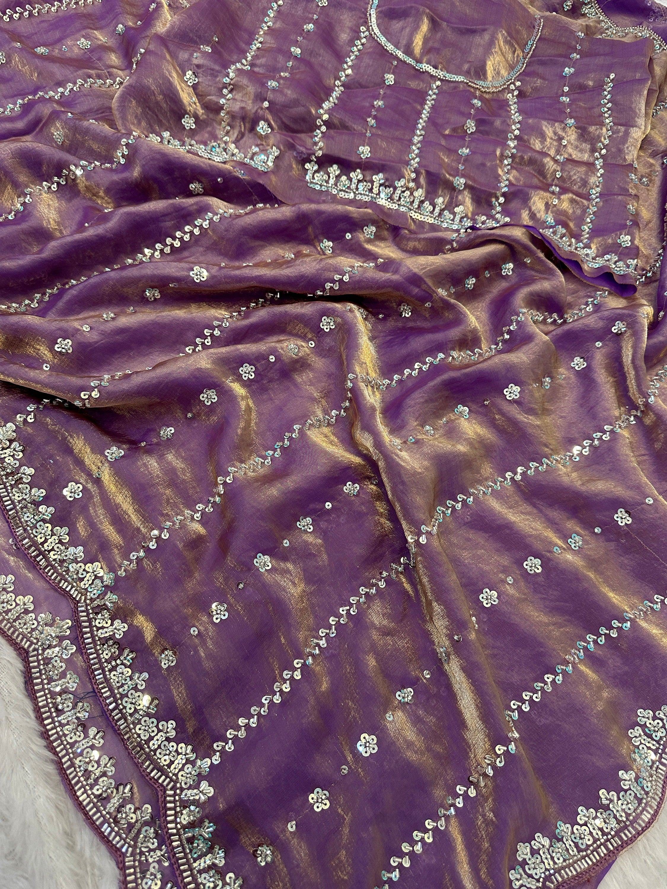 Lavender Captivating Beads Work Satin Party Wear Saree With Blouse