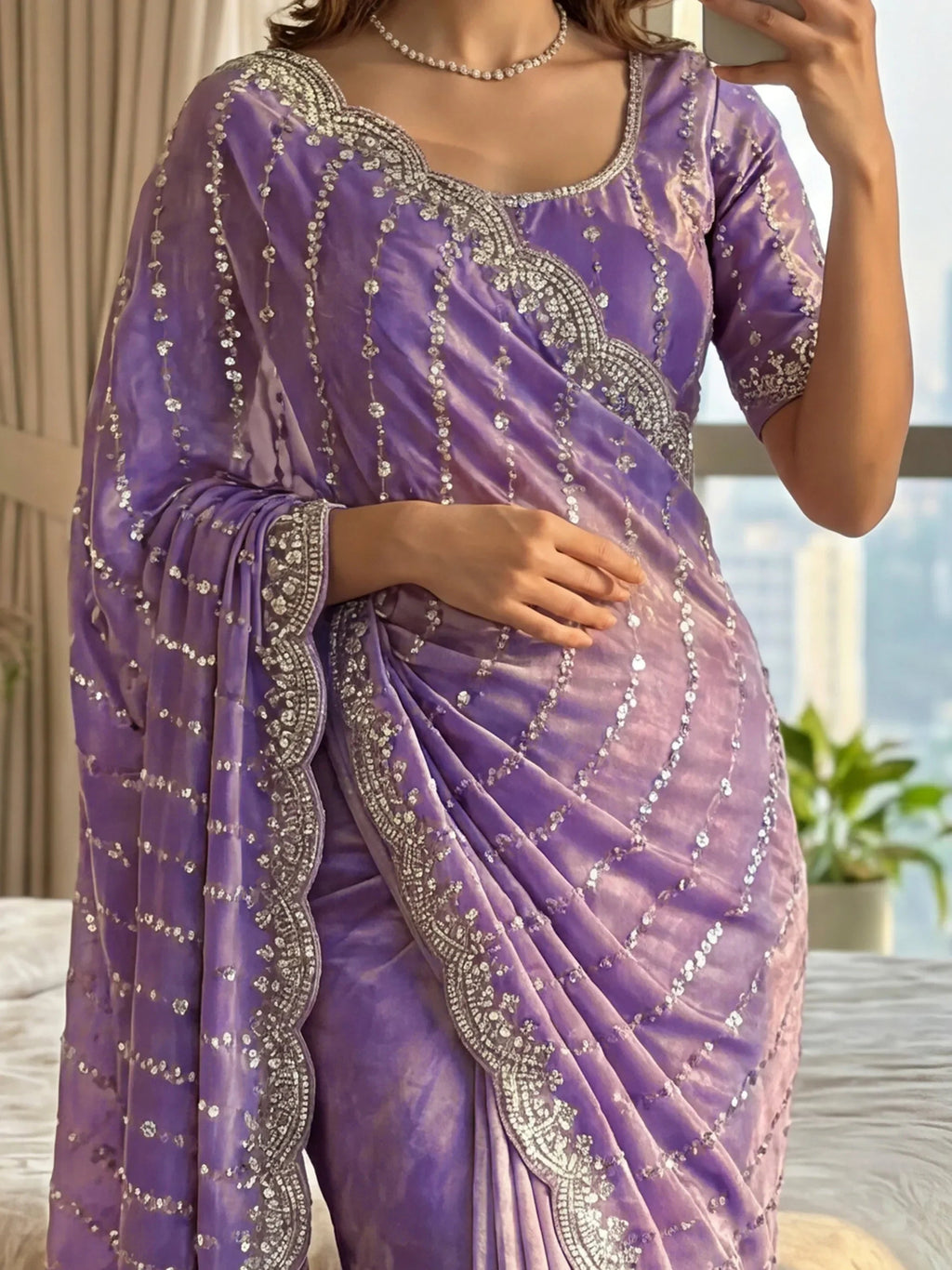 Lavender Captivating Beads Work Satin Party Wear Saree With Blouse
