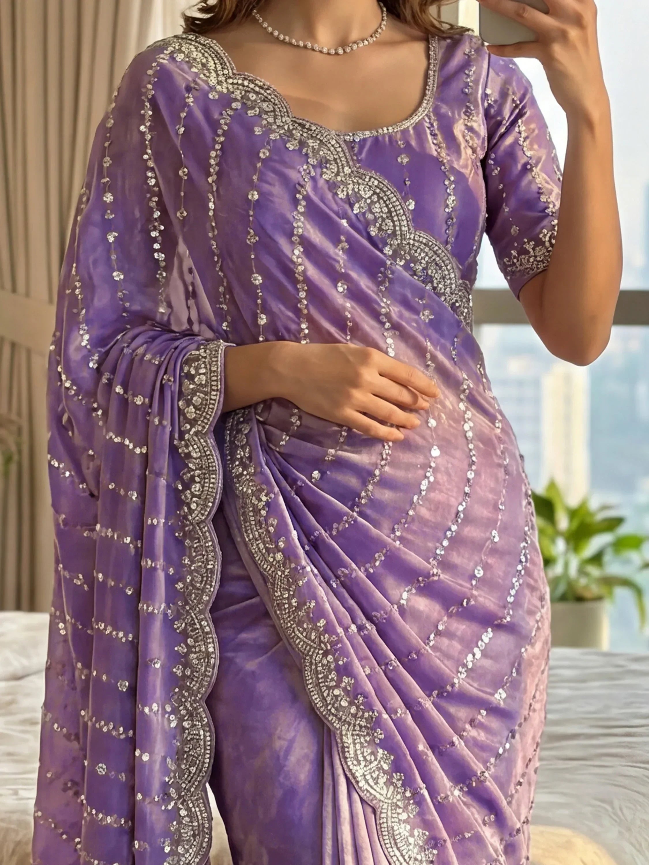 Lavender Captivating Beads Work Satin Party Wear Saree With Blouse
