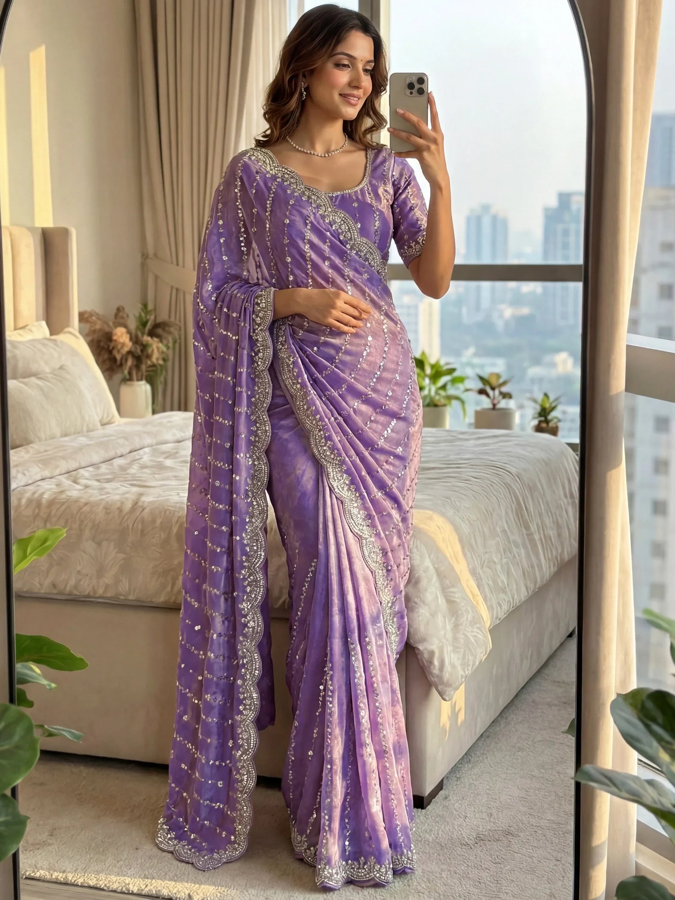 Lavender Captivating Beads Work Satin Party Wear Saree With Blouse