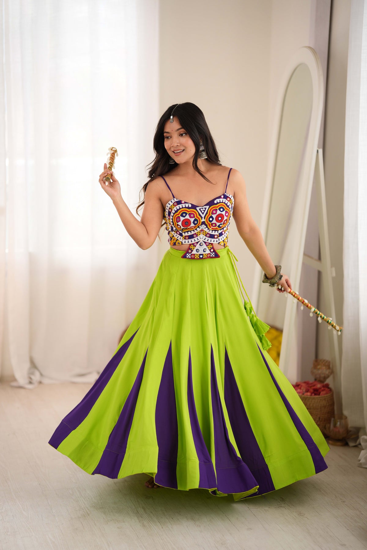 Lime Green and Purple Reyon Lehenga Choli with Gota Patti Work