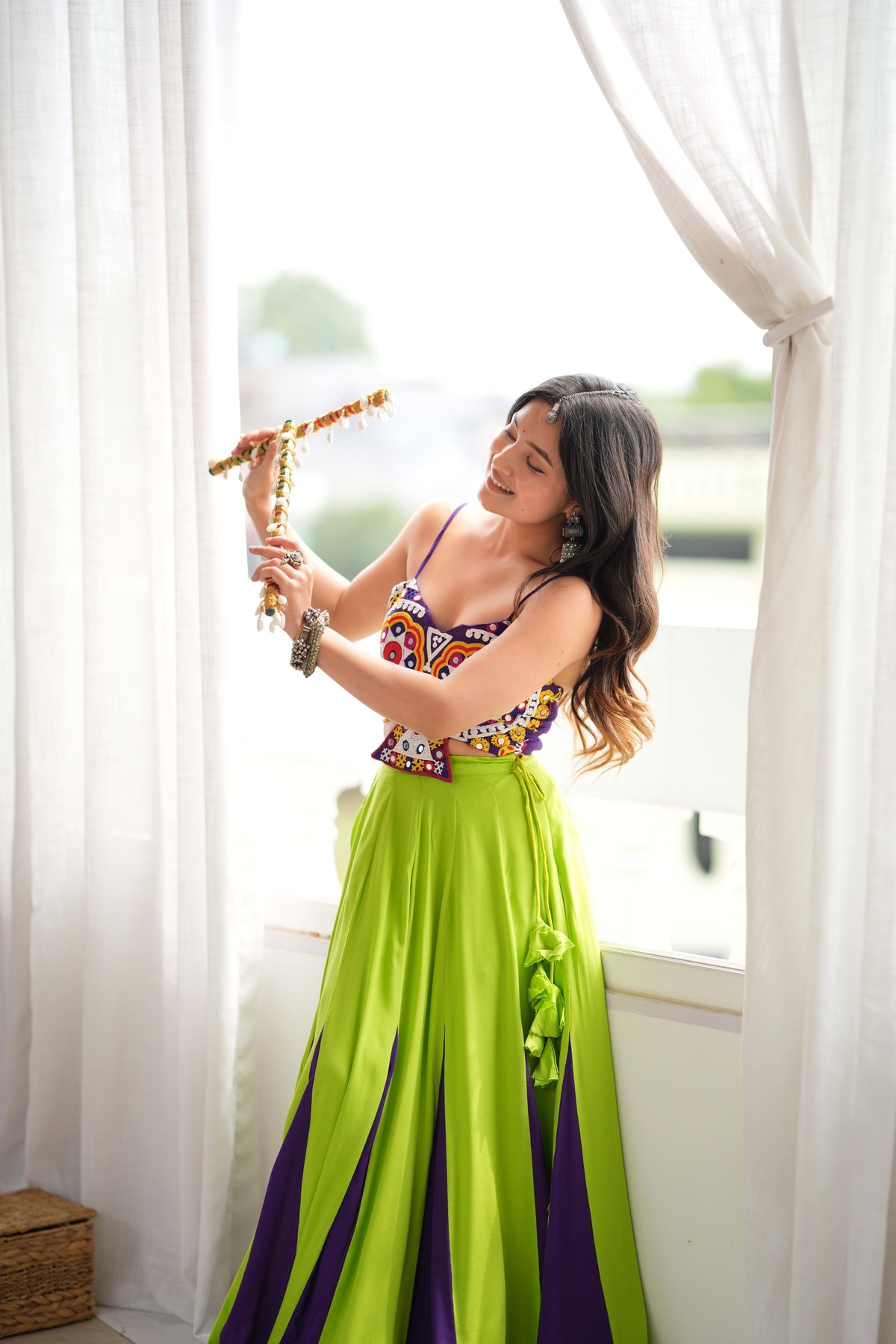 Lime Green and Purple Reyon Lehenga Choli with Gota Patti Work